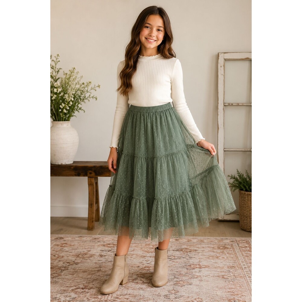 Joyfolie Mia Joy Rina Midi Skirt Girls 12 Burnt Olive Tulle Tiered Boho Green